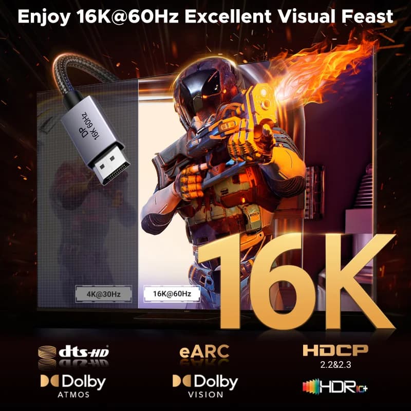 DisplayPort 2.1 kabel, 8K 60Hz HDR video understøttelse