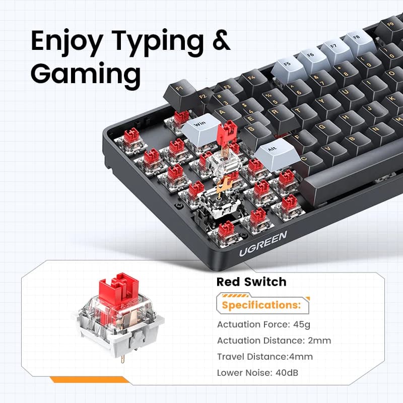 108-tasters trådt mekanisk tastatur, røde switches