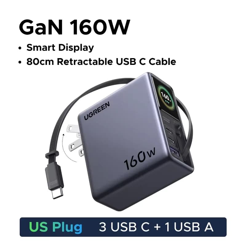 160W GaN Oplader med Tilbagetrækkeligt Kabel og Display