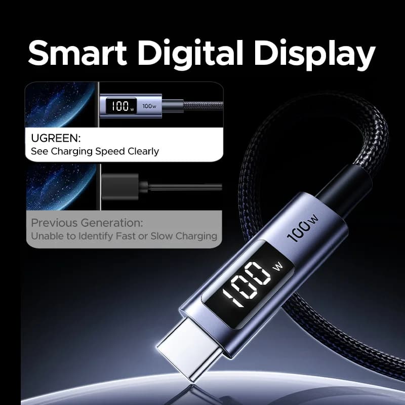 USB-C til USB-C kabel, 100W PD med digitalt display