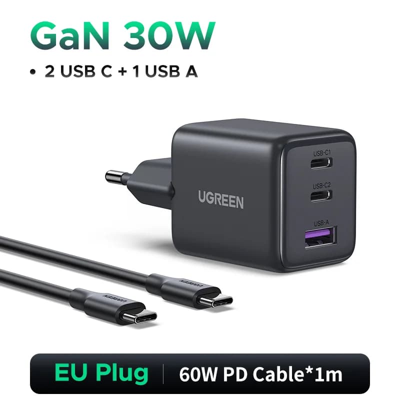 30W 3-porters GaN USB-C PD-oplader