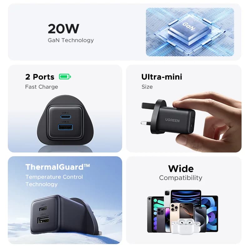 20W GaN USB-C væglader, US-stik