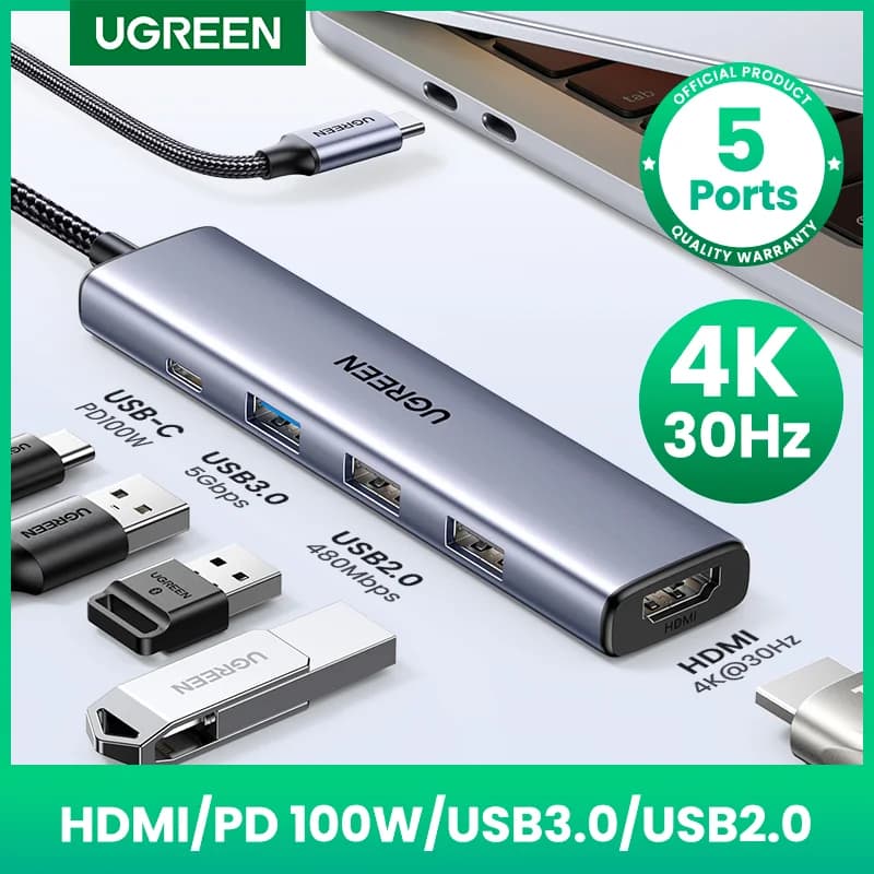 USB-C hub med 4K HDMI, SD/TF og 100W PD
