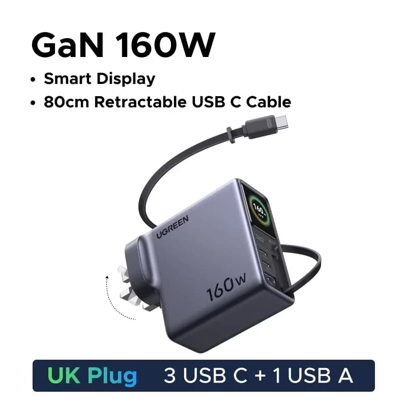 160W GaN Oplader med Tilbagetrækkeligt Kabel og Display