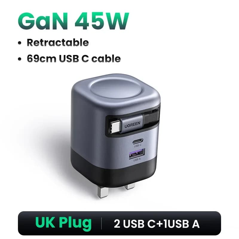 65W GaN-oplader med indtrækbar USB-C-kabel