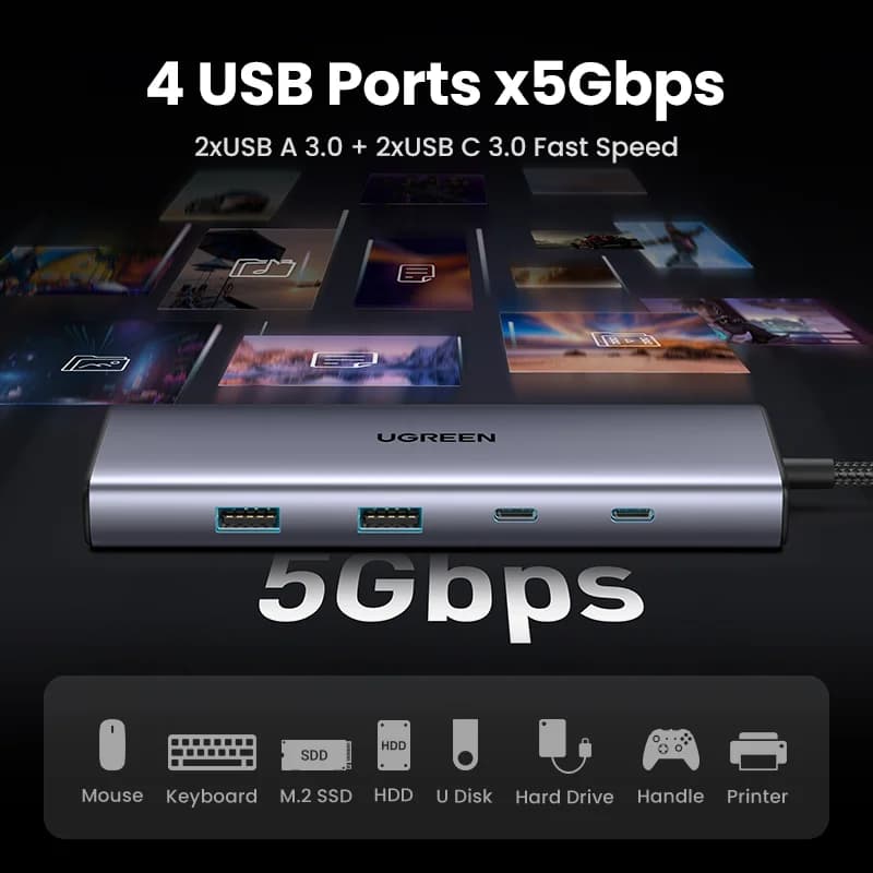 USB-C hub med 4K HDMI, Gigabit Ethernet, SD/TF