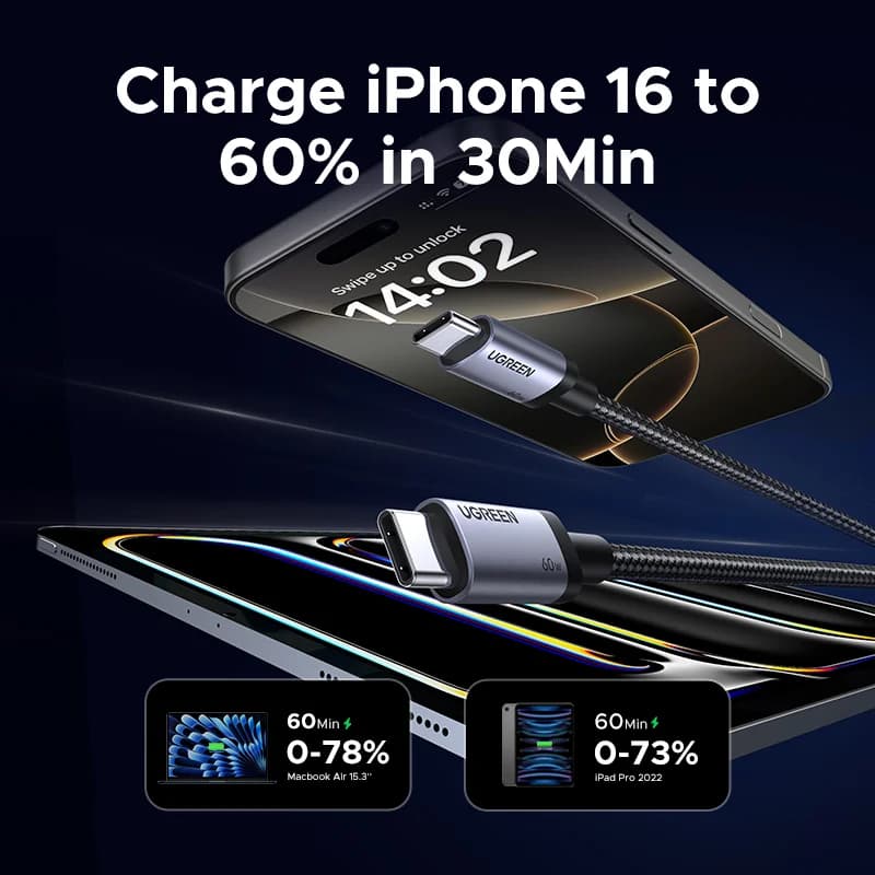 2-pak USB-C til USB-C kabel, 60W PD hurtigopladning