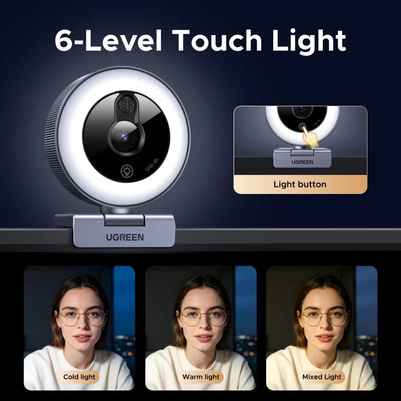 4K USB Webcam med Touch Ringlys og Privatlivsdækning