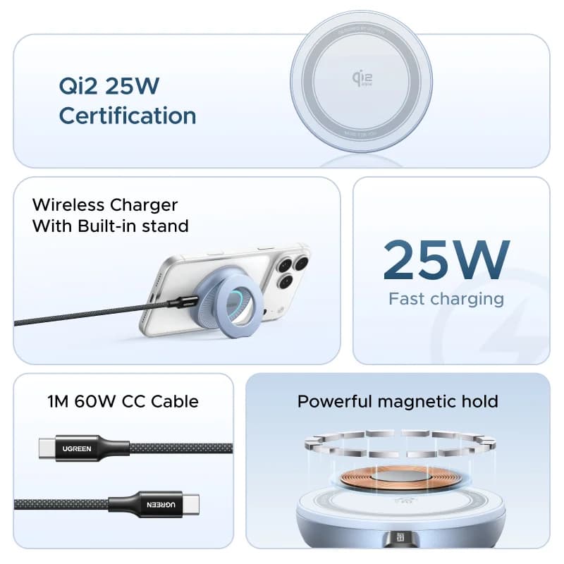 Qi2 magnetisk trådløs opladningspad med stativ, 25W