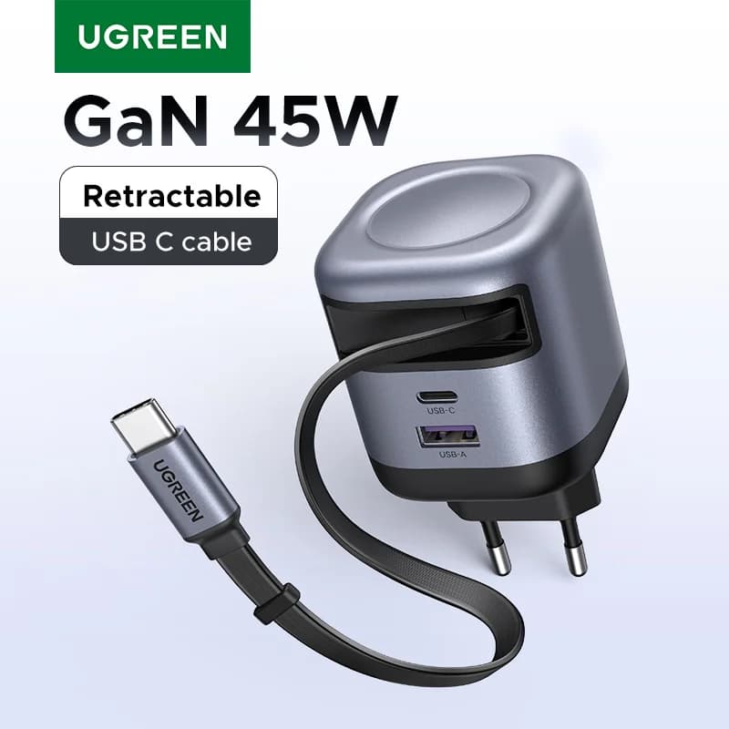 45W GaN retraktabel USB-C oplader
