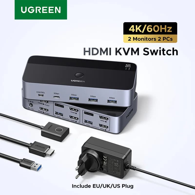 KVM-switch til to skærme med HDMI og USB-C