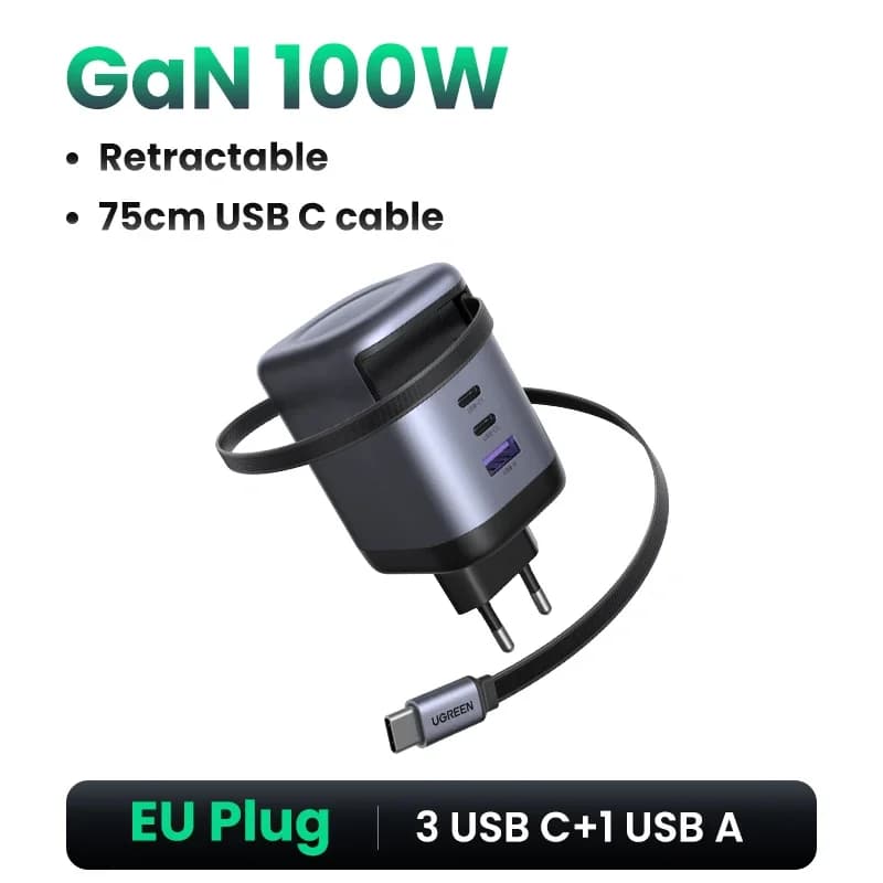 65W GaN-oplader med indtrækbar USB-C-kabel