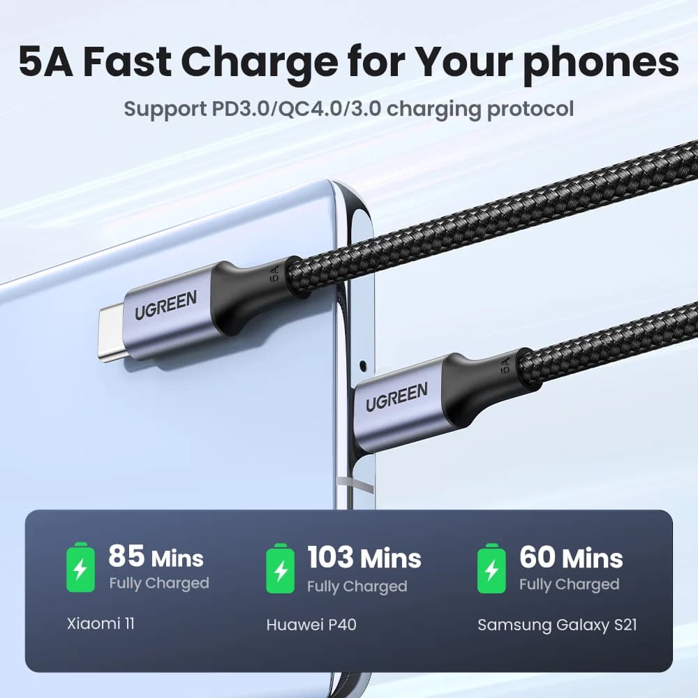 USB-C til USB-C kabel, 100W PD, 5A