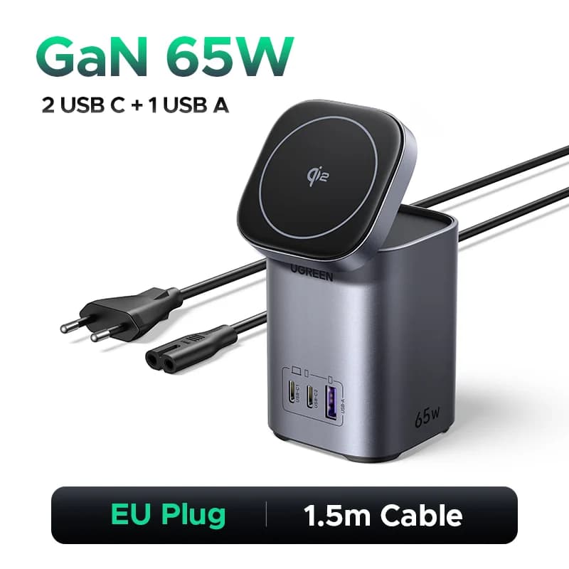 65W GaN Desktop-lader med Qi2 trådløs stander