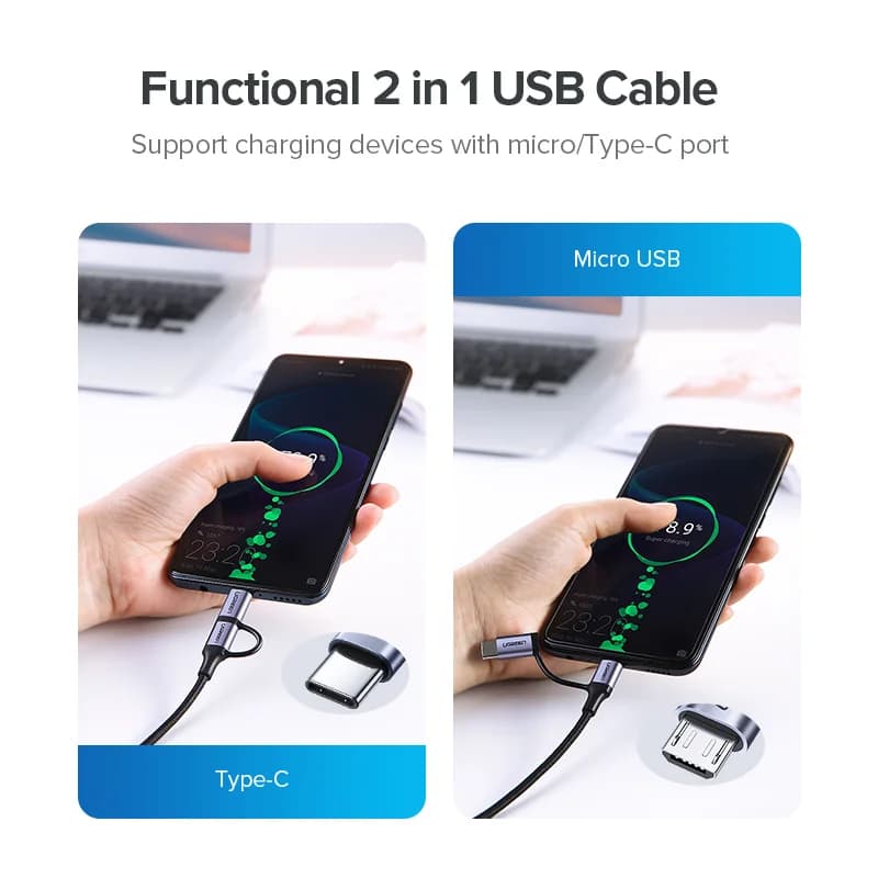 2-i-1 USB-C og Micro USB hurtigladningskabel