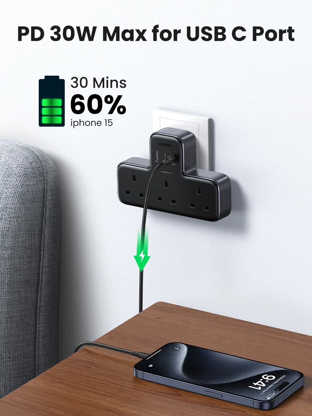 UK-stikdør med stikkontaktforlænger og USB-porte
