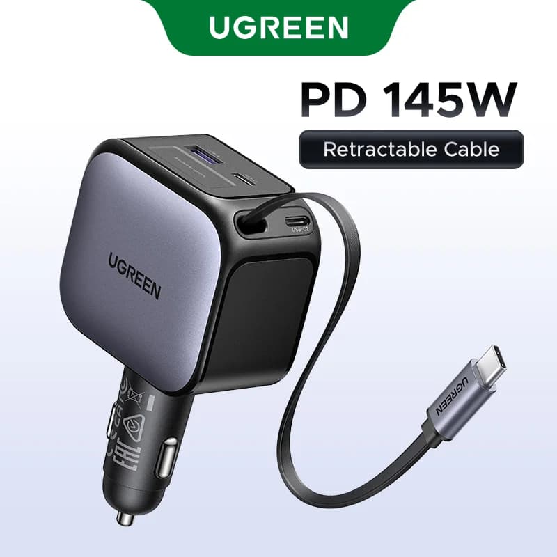 145W biloplader med 3 USB-C-porte og indtrækkelig kabel