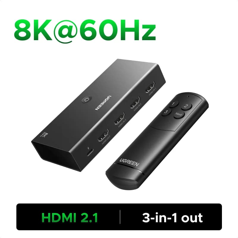 HDMI 2.1 Switcher 3-i-1, 1 udgang, 8K, Fjernbetjening