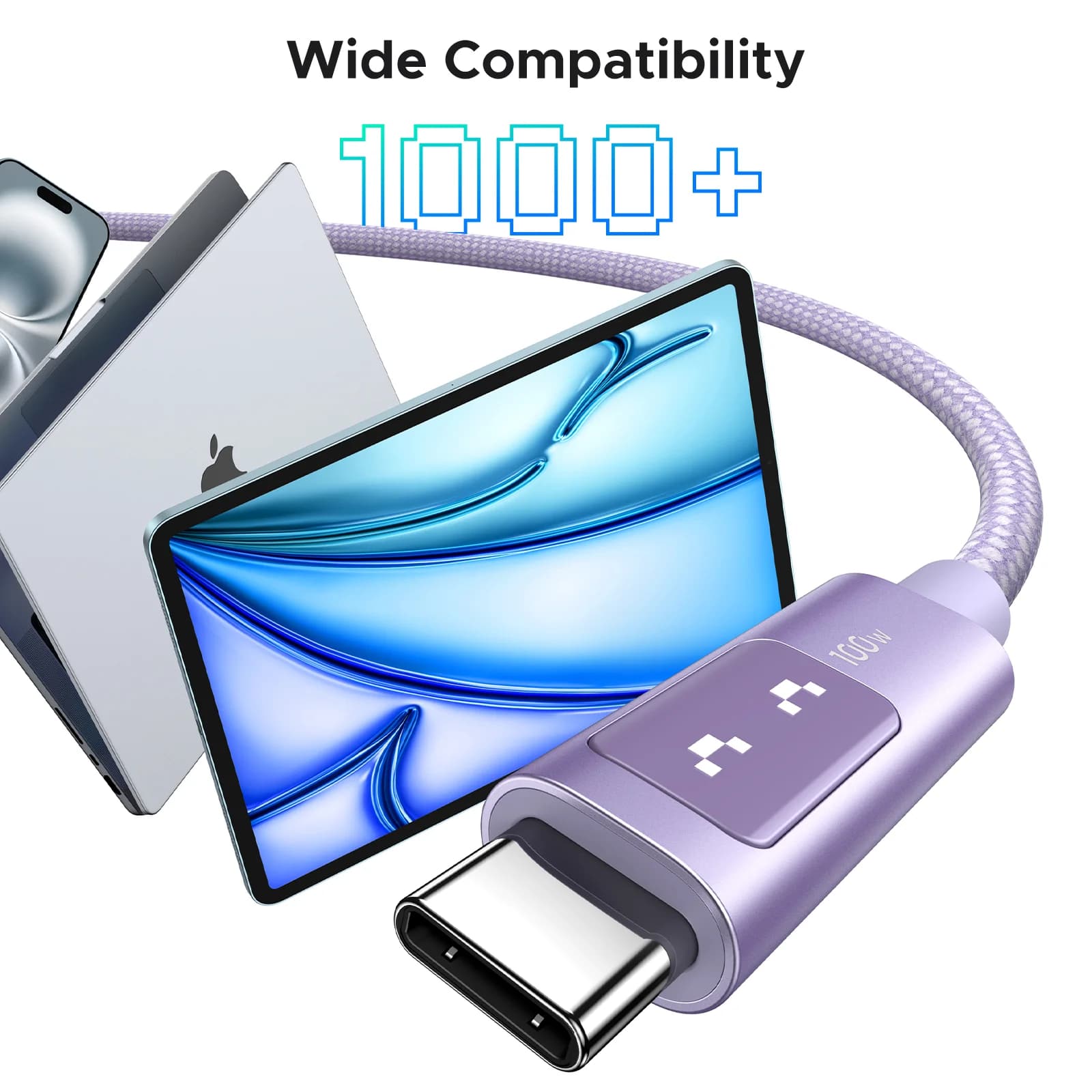 USB-C til USB-C kabel, 100W PD, Multifarvet