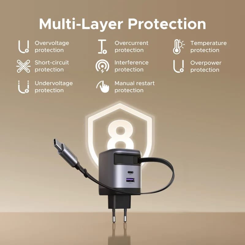 65W GaN-oplader med indtrækbar USB-C-kabel