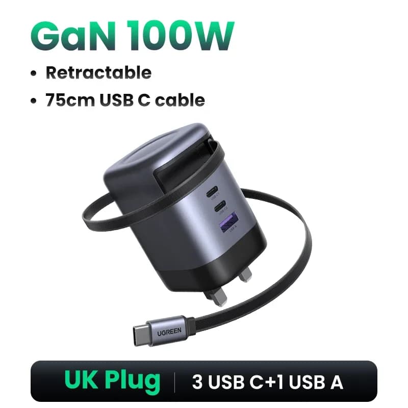 65W GaN-oplader med indtrækbar USB-C-kabel