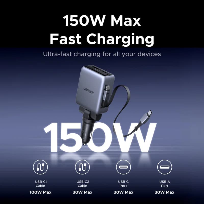 150W Biloplader med Indtrækkelige Kabler