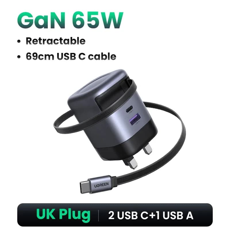 65W GaN-oplader med indtrækbar USB-C-kabel