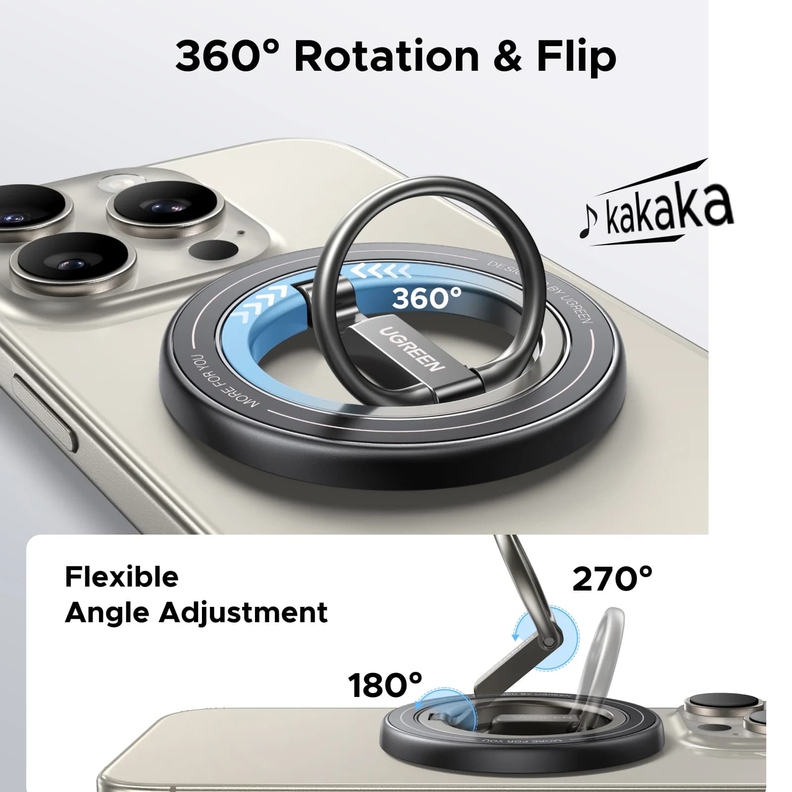 Dobbeltsidet magnetisk telefonring med 360° rotation