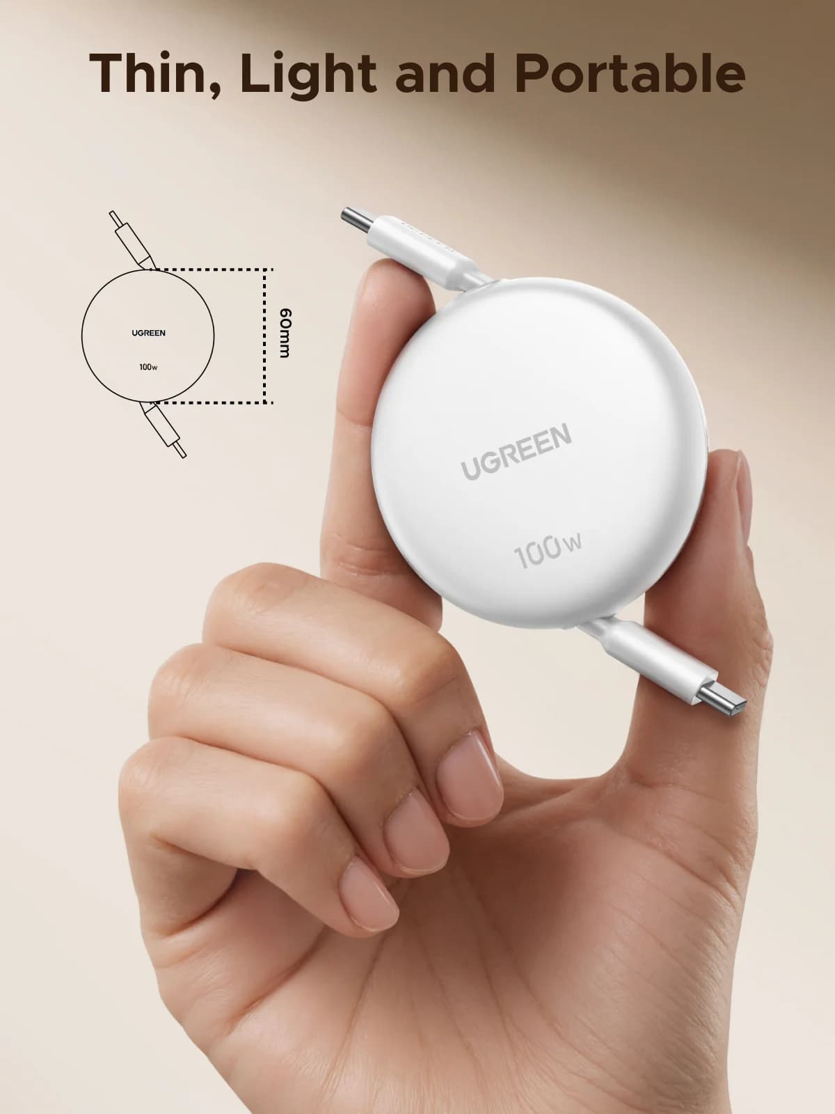 Indtrækkelig USB-C til USB-C-kabel, 100W PD