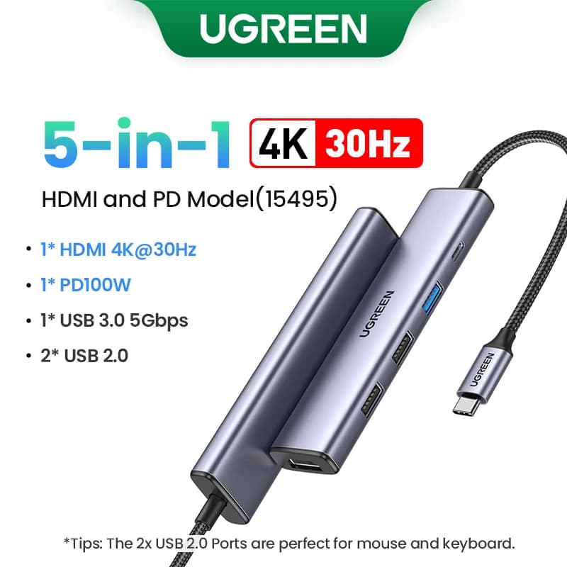 USB-C hub med 4K HDMI, SD/TF og 100W PD