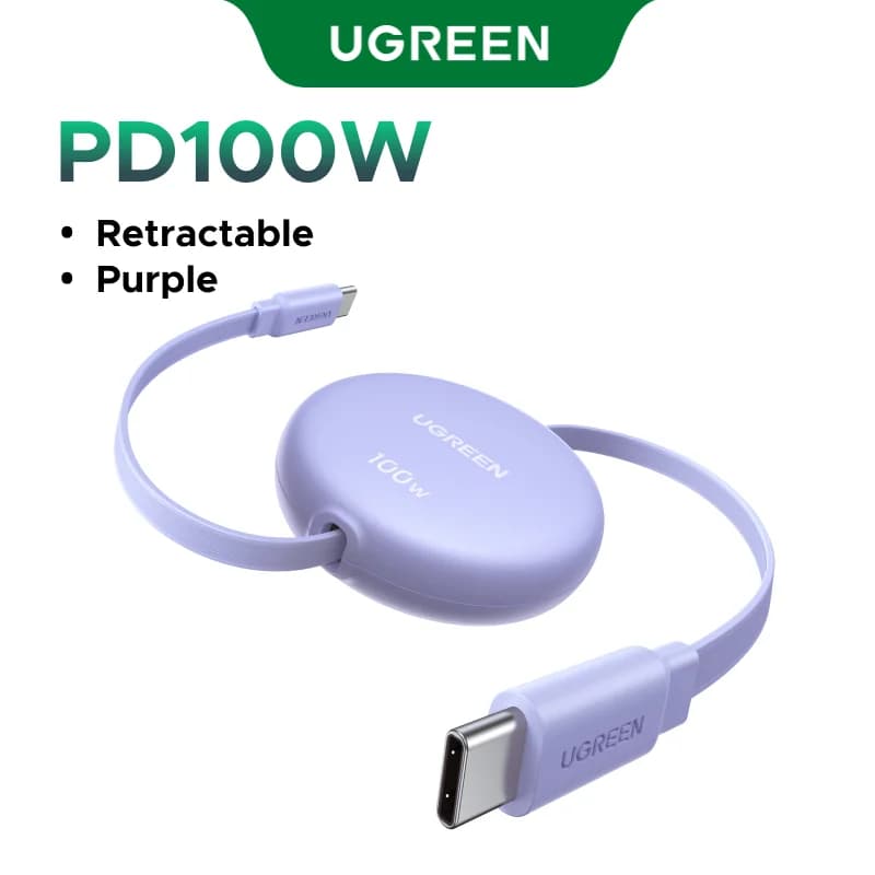 Tilbagetrækkelig USB-C til USB-C hurtigopladningskabel, 100W