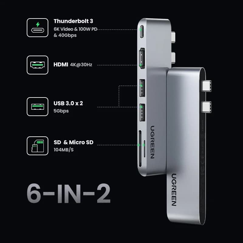 6-i-2 USB-C Hub med 4K HDMI og kortlæser