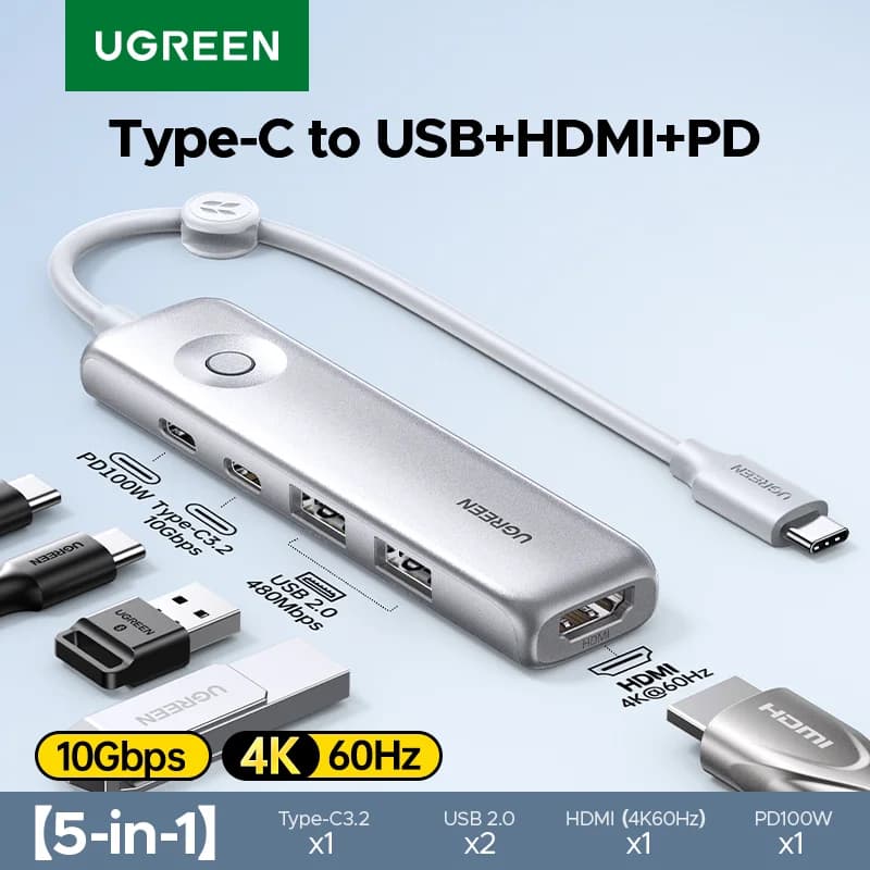 5-i-1 USB-C Hub, 4K HDMI, 10Gbps, PD100W