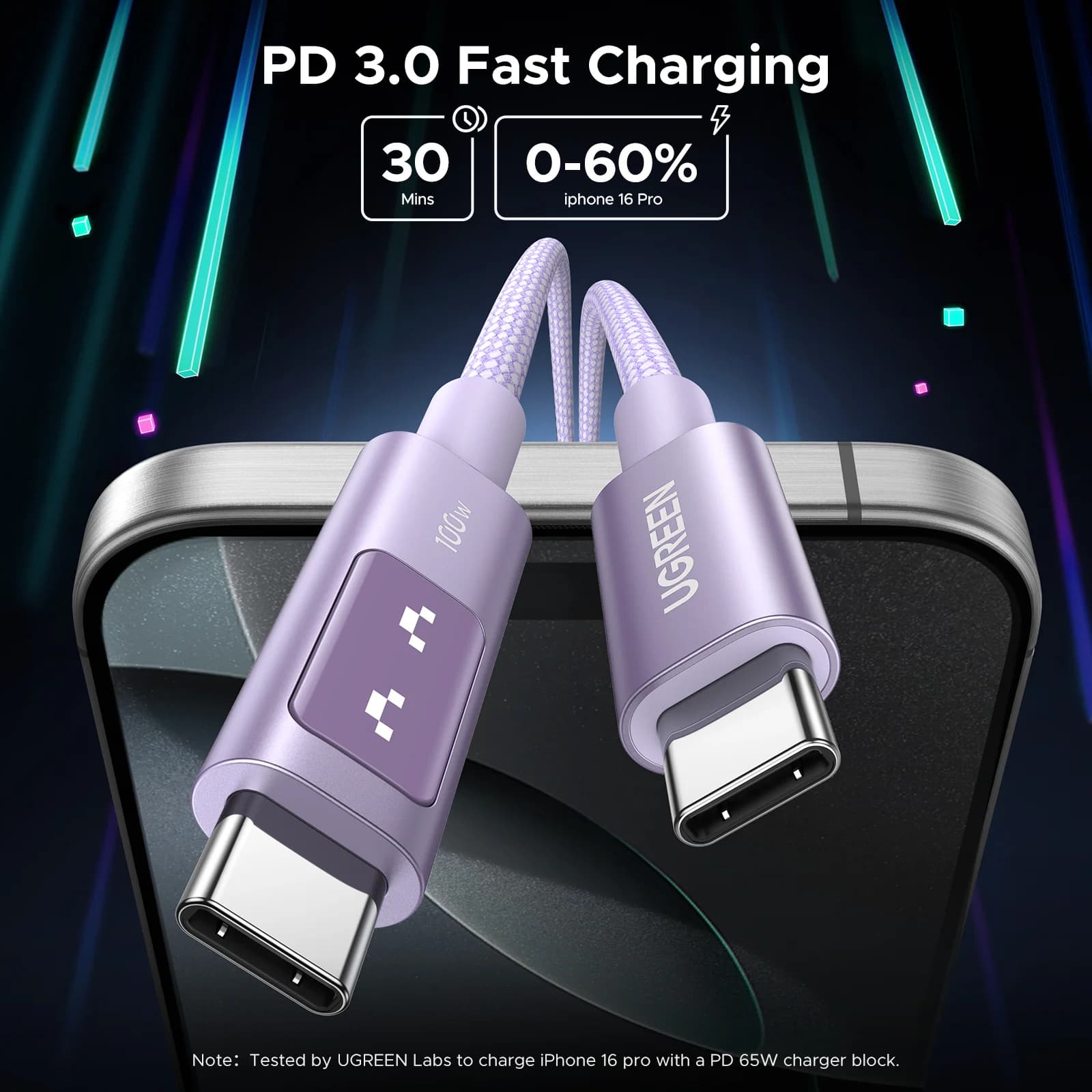 USB-C til USB-C kabel, 100W PD, Multifarvet