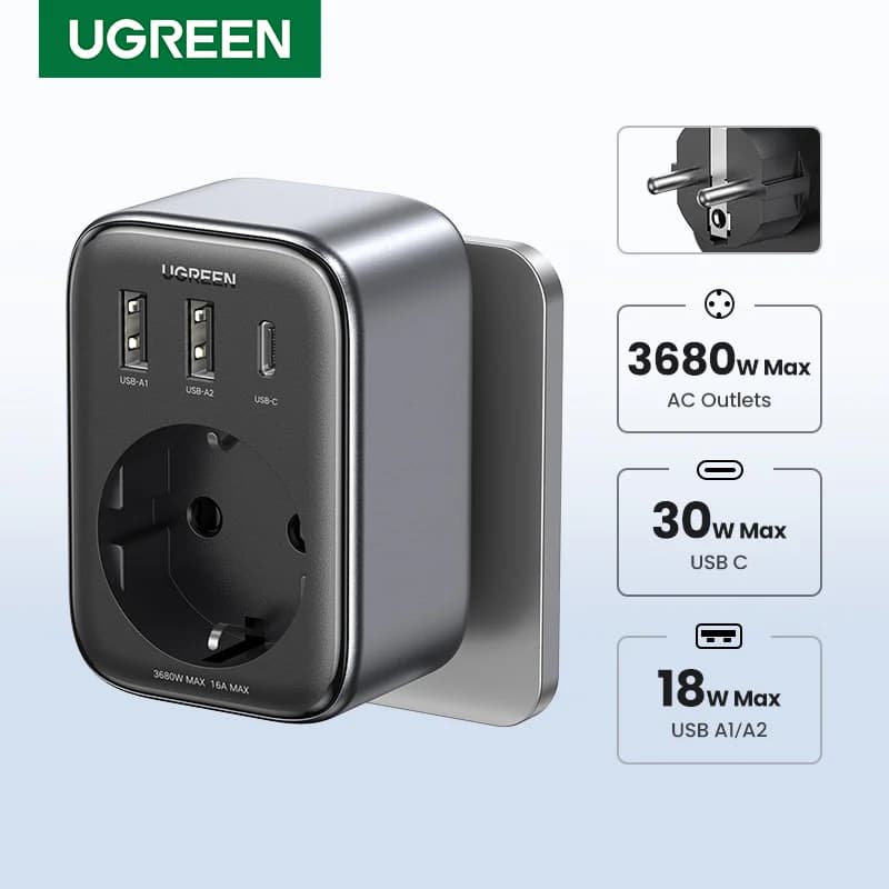 30W GaN PD-oplader med AC-stikkontakter og USB-porte