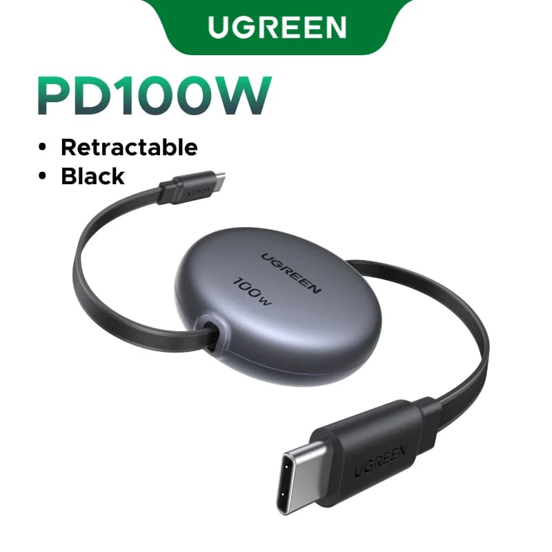 Tilbagetrækkelig USB-C til USB-C hurtigopladningskabel, 100W