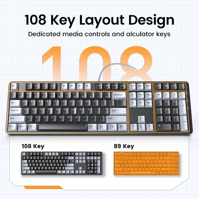 108-tasters trådt mekanisk tastatur, røde switches
